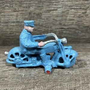 VINTAGE 1930's HUBLEY? Maybe CAST IRON BLUE MOTORCYCLE w/ DRIVER 5 Inches Long - Picture 1 of 5
