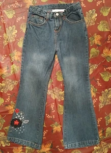 Nannette Girls Denim Jeans Size 6X Floral Embroidered Wide Leg 100% Cotton - Picture 1 of 6
