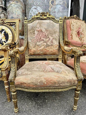 French Rococo Style Aubusson Arm Chairs Late 19th C Ornate Carved Giltwood PAIR Cover