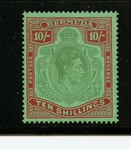 KMC4076-Bermuda #126-b (B834) King George 10 sh red & green,Perf 14, M,CV$225.00 - Picture 1 of 2