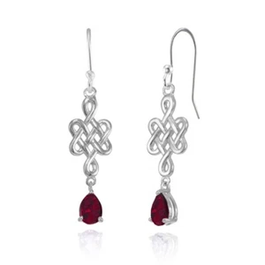 Teardrop 6x4mm Created Ruby Celtic Infinity Knot Dangle Earrings in 925 Silver - Picture 1 of 4