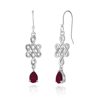 Teardrop 6x4mm Created Ruby Celtic Infinity Knot Dangle Earrings in 925 Silver - Image 1 of 4