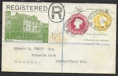 Great Britain 1896 Private Registered letter Alfred Smith&Son BATH -Bowmanville Cover