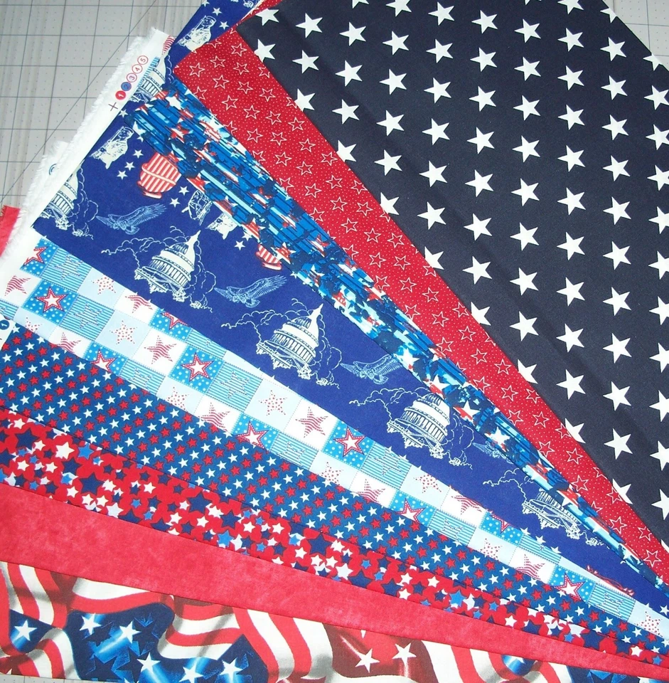 9 Patriotic Fat Quarters Bundle Fabric American Red White Blue Precut Cotton - Image 1 of 3