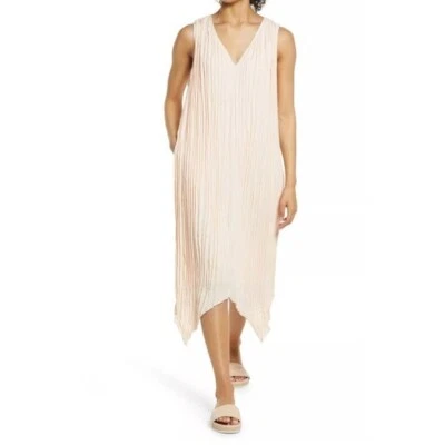 Nordstrom pink beige pleated Georgette v-neck asymmetrical midi dress XS - Image 1 of 4