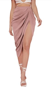 NEW Split Thigh Front Satin High Waist Ruched Zip Back Midi Skirt S - Picture 1 of 5