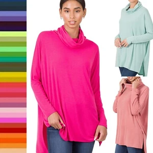 Women's Cowl Turtle Neck Dolman Long Sleeves Loose Rayon Top Tunic T-Shirt S-XL - Picture 1 of 22