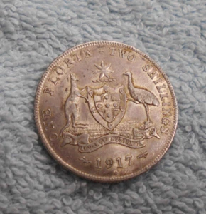 #C23.  1917  AUSTRALIAN STERLING SILVER FLORIN TWO SHILLING COIN -  NICE COIN - Bild 1 von 2