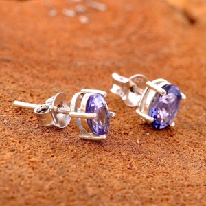 925 Sterling Silver Natural Tanzanite Oval 5X7 MM Cut Gemstone Studs Earrings - Picture 1 of 4