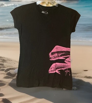 Guy Harvey Womens Size Large Black & Pink Mahi Beach Casual Short Sleeve T-Shirt - Image 1 of 4