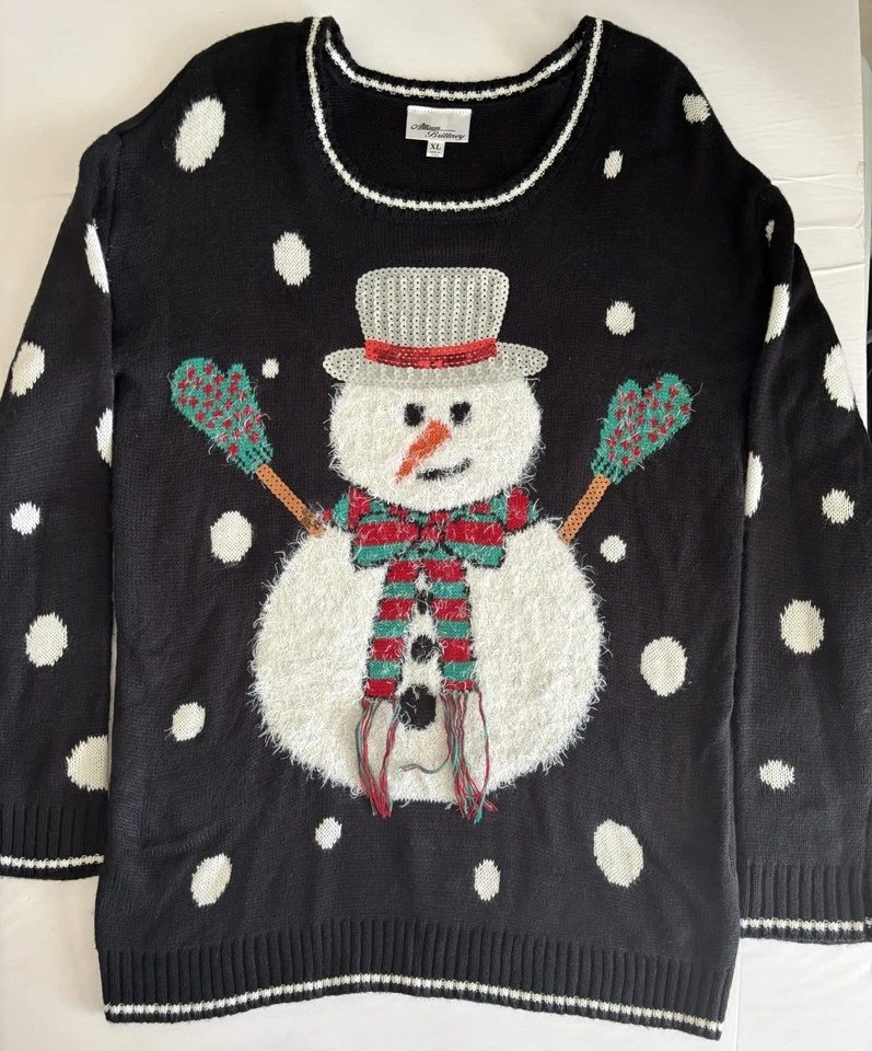 Allison Brittney Snowman Sweater Womens XL Fuzzy Sequin Oversized Christmas Ugly - Image 1 of 4