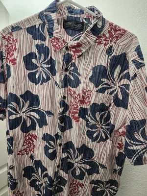 RETROFIT Men Large Shirt Button Up Hawaiian White Blue Red Short Sleeve Cotton - Image 1 of 4