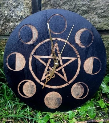 Handmade Engraved Wood Wall Clock Wicca Witch Moon Pagan Viking Pentagram Style - Image 1 of 4