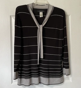 Vintage Y2K Jones New York Sweater Women 2X Black Gray Striped Ascot Pullover - Picture 1 of 14