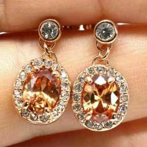 4.10Ct Oval Lab Created Morganite Halo Drop Dangle Earrings 14K Rose Gold Plated - Picture 1 of 6