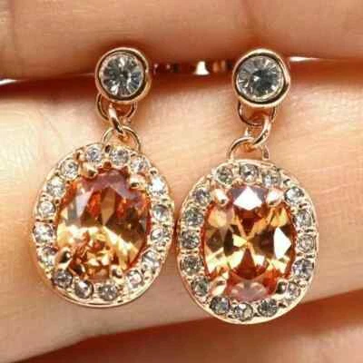 4.10Ct Oval Lab Created Morganite Halo Drop Dangle Earrings 14K Rose Gold Plated - Image 1 of 4
