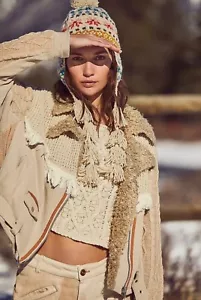 $398 Free People Cozy Knit Mix Moto Jacket We The Free L Large Fringe Sherpa - Picture 1 of 5