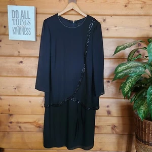 Vestido David Rose Vintage Formal Negro Gasa Lentejuelas Transparentes Midi Envolvente Talla Grande 18W - Imagen 1 de 12