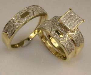 Conjunto de anillo de trío de diamantes para su pareja alianza nupcial enchapada en oro amarillo de 14 quilates - Imagen 1 de 6