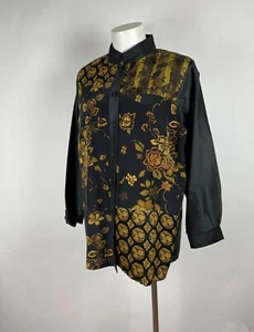 KOOS OF COURSE! Gold black floral 100% Silk long sleeve blouse top M - Picture 1 of 4