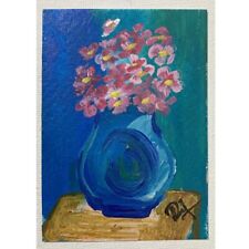 ACEO ORIGINAL PAINTING Mini Collectible Art Card Blue Spring Flower Vase Ooak
