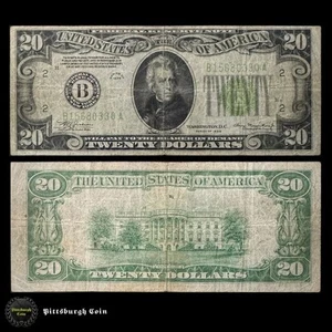 1934 $20 Twenty Dollar Bill Lime Green Seal Vintage Banknote FR 2054-Blgs B2 - Picture 1 of 2