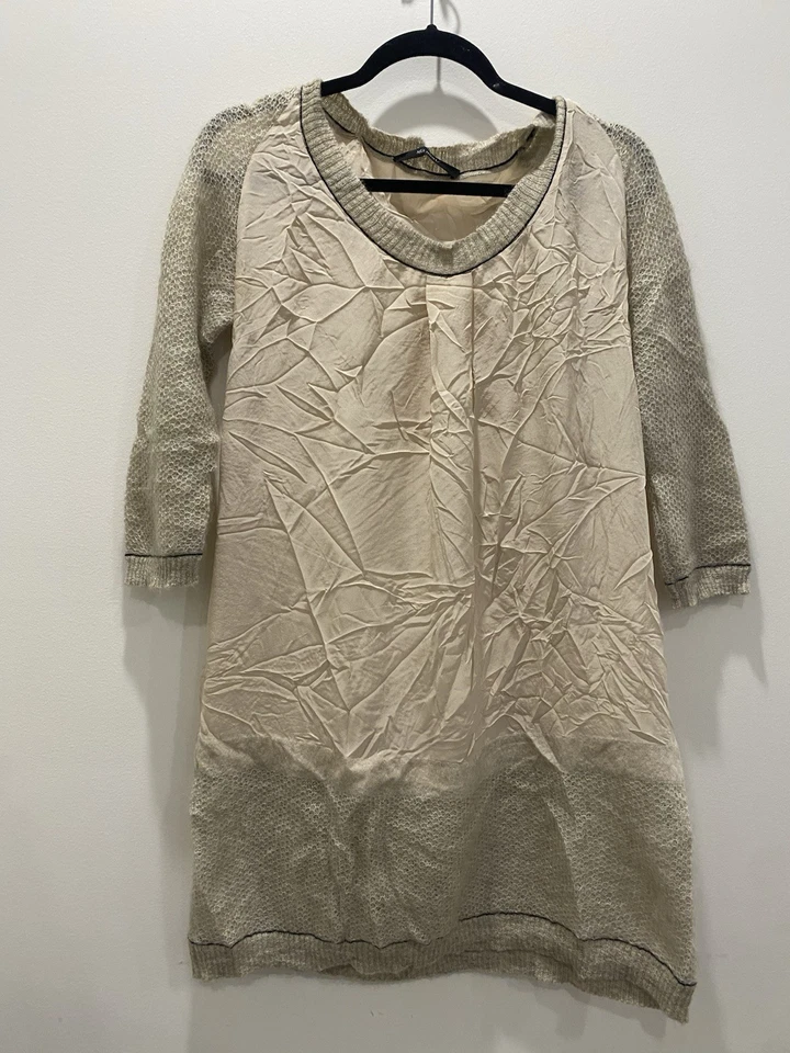 Sita Murt Dress Sz 38 Beige Mohair Blend Silk X Knit Trim Sheer V-neck Cream - Image 1 of 4