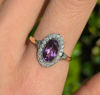 18k Gold Edwardian Purple Amethyst Diamond Cluster Oval Halo Ring Size 8 - Image 1 of 4