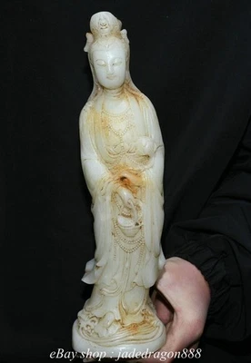 Escultura de diosa Kwan-yin con soporte tallado en jade blanco antiguo budismo chino de 7,6" Foto 1 de 4
