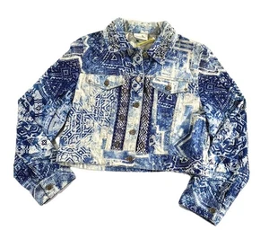 Chicos Denim Jacket Womens Size 2 Blue White Button up Beaded Artisan Tie Dye - Picture 1 of 9