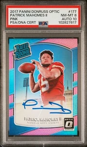 PATRICK MAHOMES SIGNED 2017 PANINI DONRUSS OPTIC PINK RATED ROOKIE PSA 8 AUTO 10 - Picture 1 of 2