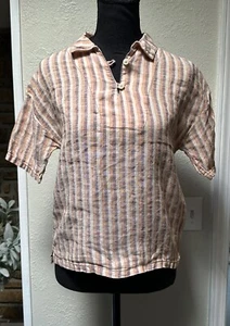 Zara Girls Top 11-12 Yrs. Brown Striped 100% Cotton Short Sleeve Popover Shirt - Picture 1 of 8