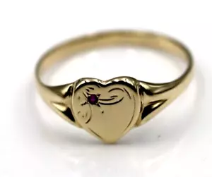Genuine 9ct 9K Yellow Gold 375 Size R Ruby Set Heart Signet Ring - Picture 1 of 14