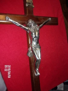 Vintage Walnut toned Wood with Nickel Plated Crucifix  wall hanging  24"   #505 - Picture 1 of 7