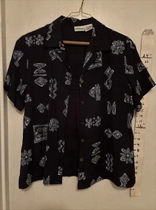 Women's Liz Baker Short Sleeve Blouse Button Up Size L Black with designs dress - Picture 1 of 5