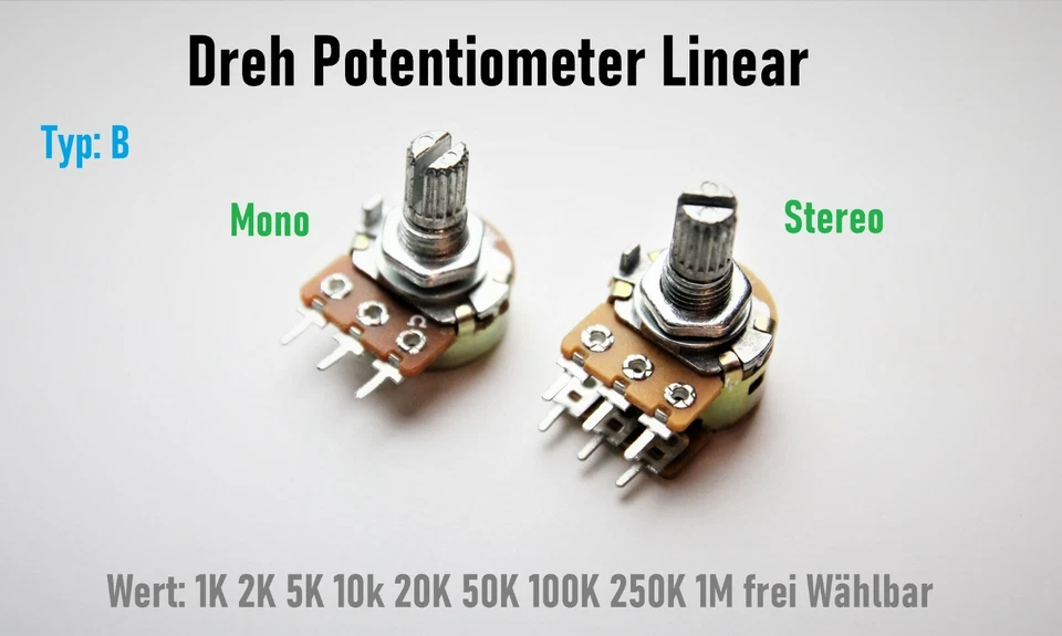 Poti Dreh Potentiometer linear 1K 2K 5K 10k 20K 50K 100K 250K 1M Ohm Mono Stereo - Bild 1 von 4
