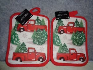 NEW 2 CHRISTMAS RED TRUCKS & TREES 7" X 9" SILICONE POTHOLDERS-ROBERT STANLEY - Picture 1 of 4