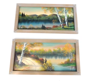 PAIR ARTIST SIGNED VTG ACRYLIC ON MASONITE FRAMED COLORFUL LAKE SCENES 24" 12" - Picture 1 of 12