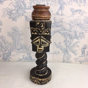 Wooden Carved Ethnic Candle Holder beige Brown 25cm High - Picture 1 of 11