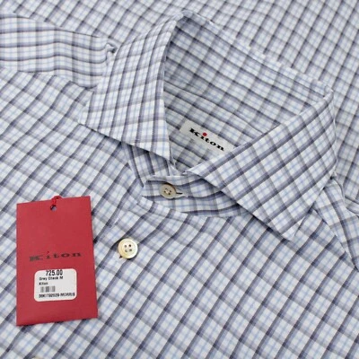 Kiton NWT Button Up Sport Shirt Size M In White With Blue Plaid 100% Cotton  - Image 1 of 4