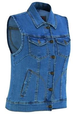 Chaleco de motocicleta azul denim para mujer - Frontal a presión y varios bolsillos - Diseño margarita roja Foto 1 de 4