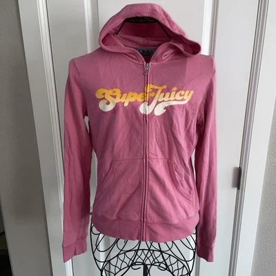 Y2K Juicy Couture Vintage Pink Sweatshirt Super Juicy With Pockets Cotton Sz XL - Image 1 of 4