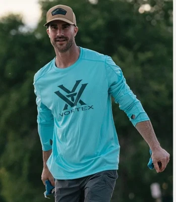 Camisa masculina manga longa Vortex Optics Sun Slayer tamanho pequeno azul UPF 50 externa nova com etiquetas - Imagem 1 de 4