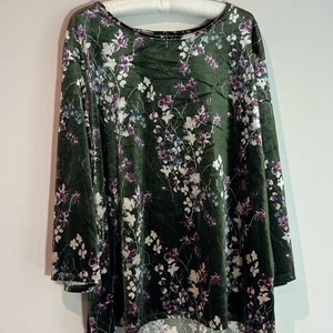 Velours lebendige geblümte Tunika Rundhals Seitenschlitze Gr. XXL (2X) - Bild 1 von 6