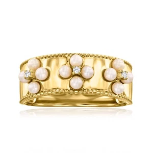 Ross-Simons 2-2.5mm Cult Prl Floral Rng w Diamonds in 18k Gold Plate Size 7 - Picture 1 of 4