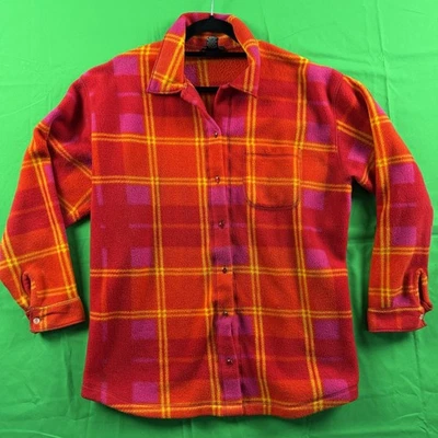 NY & Co Fleece Shirt Womens Medium Red Pink Yellow Plaid Button Up Cozy Style - Image 1 of 4