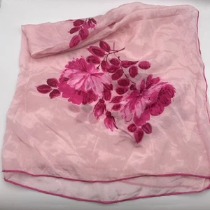 Vintage Pale Pink Square Scarf 29x29” Sheen Hot Pink Flowers Lightweight - Picture 1 of 8