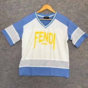 Fendi Shirt Herren Large Roma Mesh V-Ausschnitt gelb blau weiß Hockey Designer Tee - Bild 1 von 13