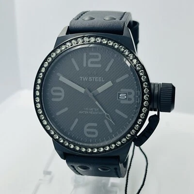 New TW Steel Canteen Unisex Black Leather 10ATM 45mm Crystal Accent Watch TW912 - Image 1 of 4