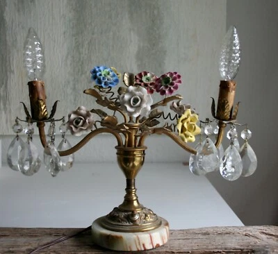 古董法国金属Ormolu Tole瓷花烛台灯具 — 第 1/4 张图片